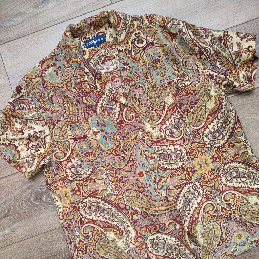 Ralph Lauren Silk Paisley Button Down Shirt Blouse Short Sleeve Loop Collar Sz 8
